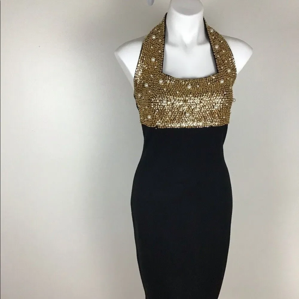 Outlander Studio Gold  Sequence Dress With White Pearls And Black  Bottom size M